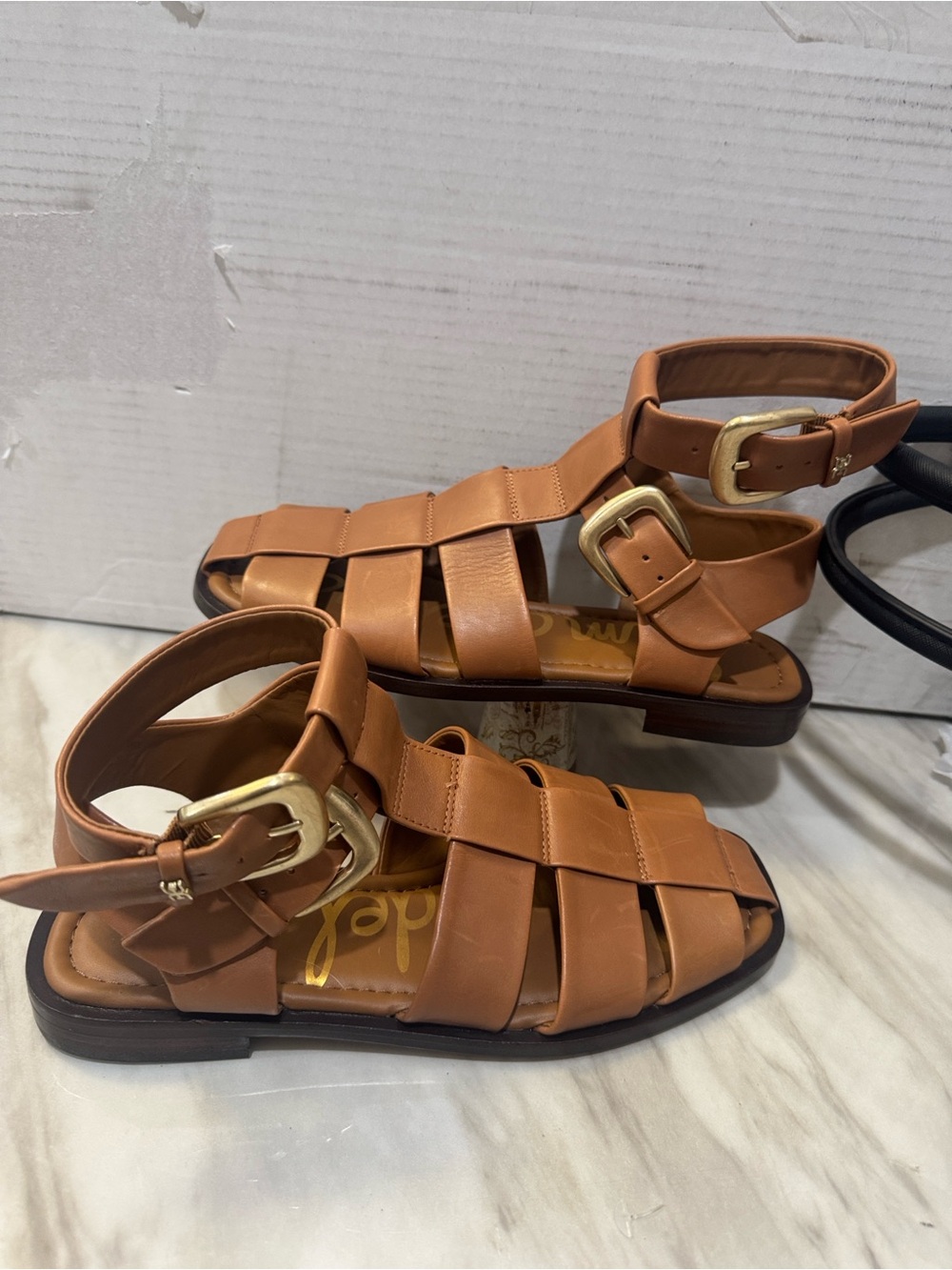 Sam Edelman Tan Leather Strappy Fisherman Sandals with Gold Buckles - Picture 8 of 12